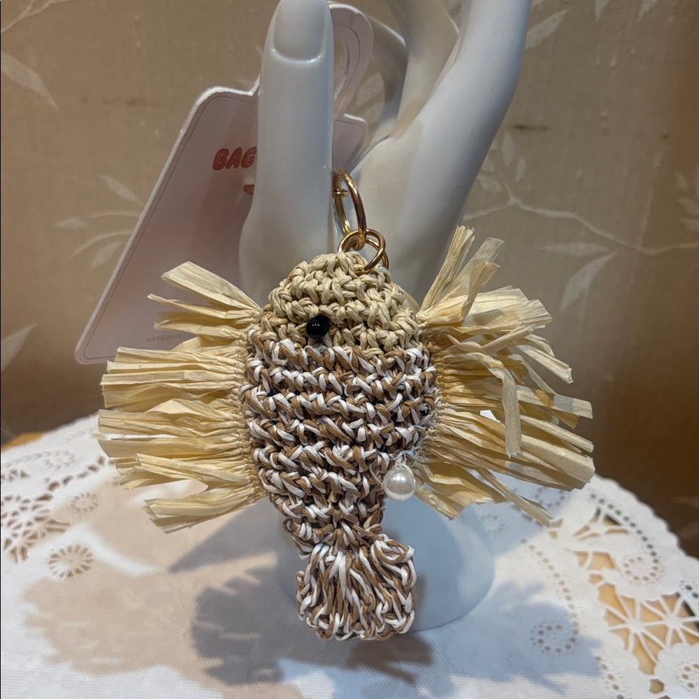 Anthropologie Crochet Woven Fish Bag Charm with Pearl Beige